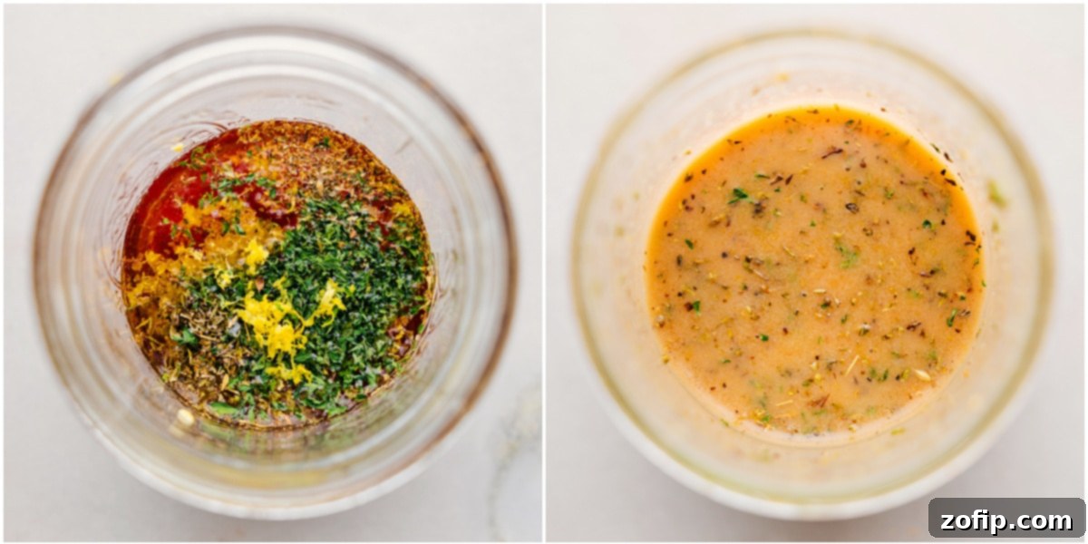 The vibrant Italian chicken marinade being mixed together in a mason jar, illustrating the simplicity of preparation.