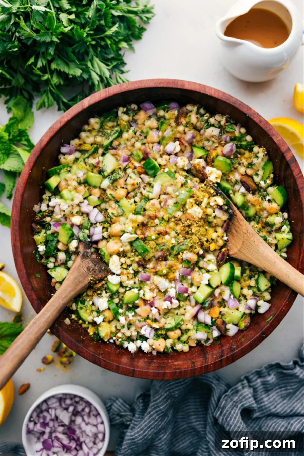 A large bowl of Jennifer Aniston Salad, beautifully dressed and ready to be served and enjoyed. The salad is vibrant with fresh ingredients.