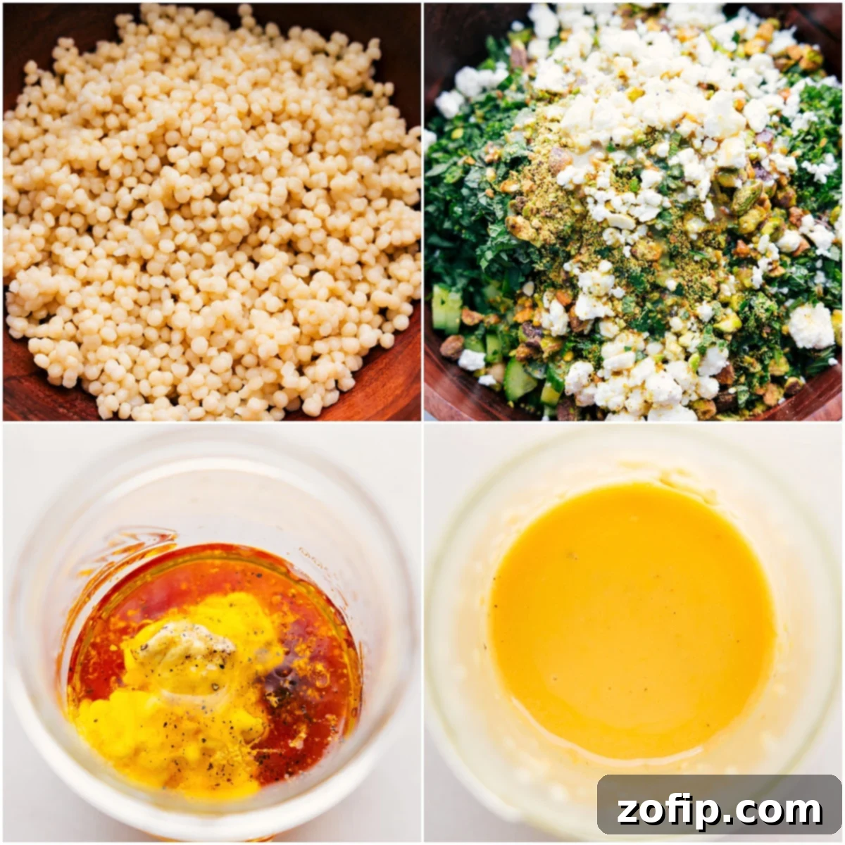 The process of making Jennifer Aniston Salad, showing couscous and other fresh ingredients being layered into a large mixing bowl, and the vibrant dressing being shaken in a mason jar.