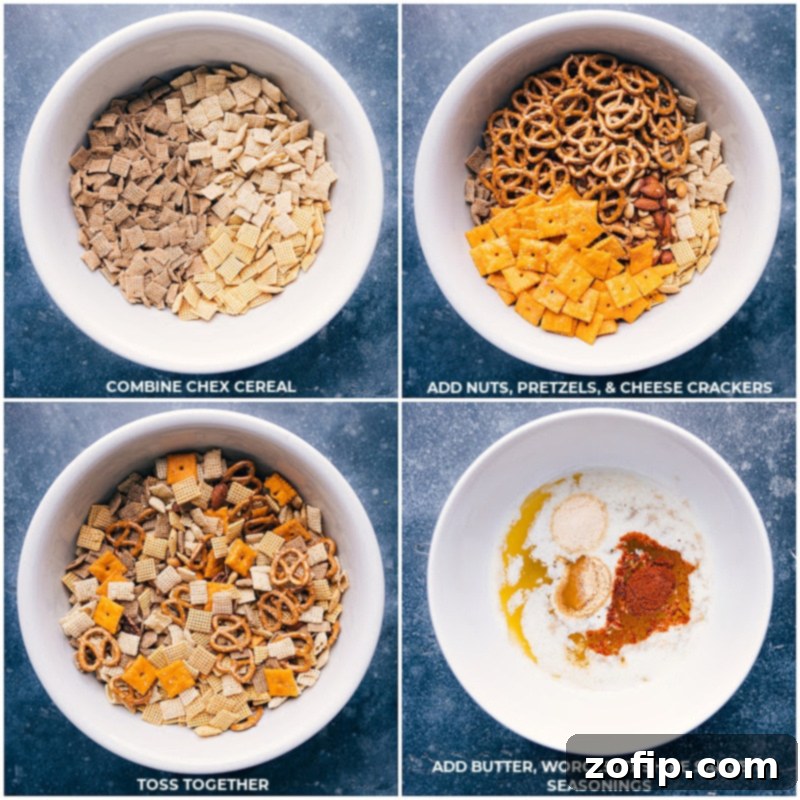 Process shots for making Chex Mix: Step 1 shows dry ingredients (cereals, pretzels, crackers, nuts) combined in a large bowl. Step 2 shows butter, Worcestershire sauce, and seasonings being whisked in a separate bowl. Step 3 depicts the seasoned butter being poured over the dry mix, and Step 4 shows the ingredients being thoroughly tossed.