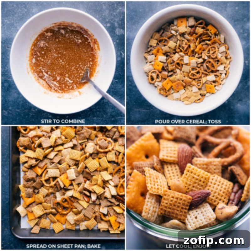 Process shots for making Chex Mix: Step 1 shows the butter sauce ingredients being stirred together in a bowl. Step 2 shows the sauce being poured over the dry cereal mix and tossed thoroughly. Step 3 displays the mix spread evenly on a sheet pan ready for baking. Step 4 is the finished Chex Mix ready to serve.
