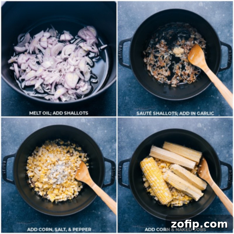 A fresh and vibrant Corn Soup with sweet corn and fresh basil requires minimal ingredients and a quick prep time. You'll be amazed how much flavor can come from so few ingredients! This soup is a naturally dairy-free and gluten-free meal. Recipe via ChelseasMessyApron.com #soup #corn #vegetarian #dairyfree #glutenfree #summertime A step-by-step visual of the initial cooking stages for corn soup: Shallots and garlic sautéing in a pot, followed by the addition of fresh corn kernels and corn cobs.