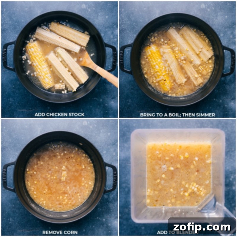 A fresh and vibrant Corn Soup with sweet corn and fresh basil requires minimal ingredients and a quick prep time. You'll be amazed how much flavor can come from so few ingredients! This soup is a naturally dairy-free and gluten-free meal. Recipe via ChelseasMessyApron.com #soup #corn #vegetarian #dairyfree #glutenfree #summertime Key stages in corn soup preparation: Pouring chicken stock into the pot, simmering the mixture to perfection, carefully removing the corn cobs, and finally blending the soup until smooth.