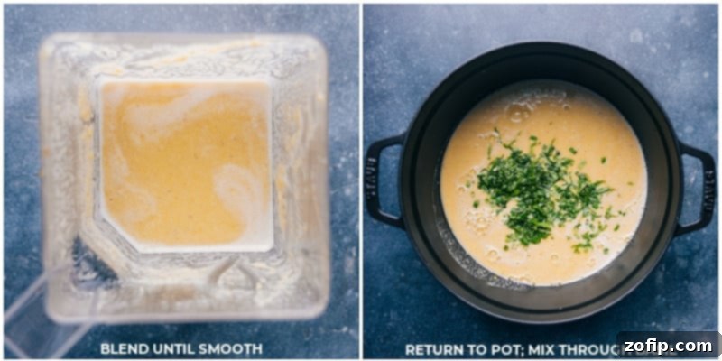 A fresh and vibrant Corn Soup with sweet corn and fresh basil requires minimal ingredients and a quick prep time. You'll be amazed how much flavor can come from so few ingredients! This soup is a naturally dairy-free and gluten-free meal. Recipe via ChelseasMessyApron.com #soup #corn #vegetarian #dairyfree #glutenfree #summertime The concluding steps for corn soup: The blended, smooth soup being stirred in a pot, with fresh basil and reserved corn kernels mixed in.