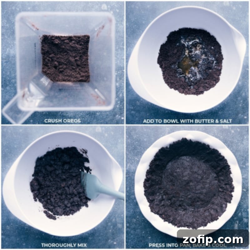 Hands pressing crushed Oreo cookies mixed with melted butter into a pie dish, forming the base of a Chocolate Cream Pie crust.