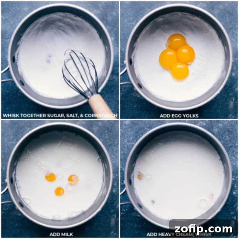 Various ingredients like sugar, salt, cornstarch, egg yolks, milk, and heavy cream are displayed on a kitchen counter, ready to be added to a pot for the homemade chocolate pudding filling of the Chocolate Cream Pie.