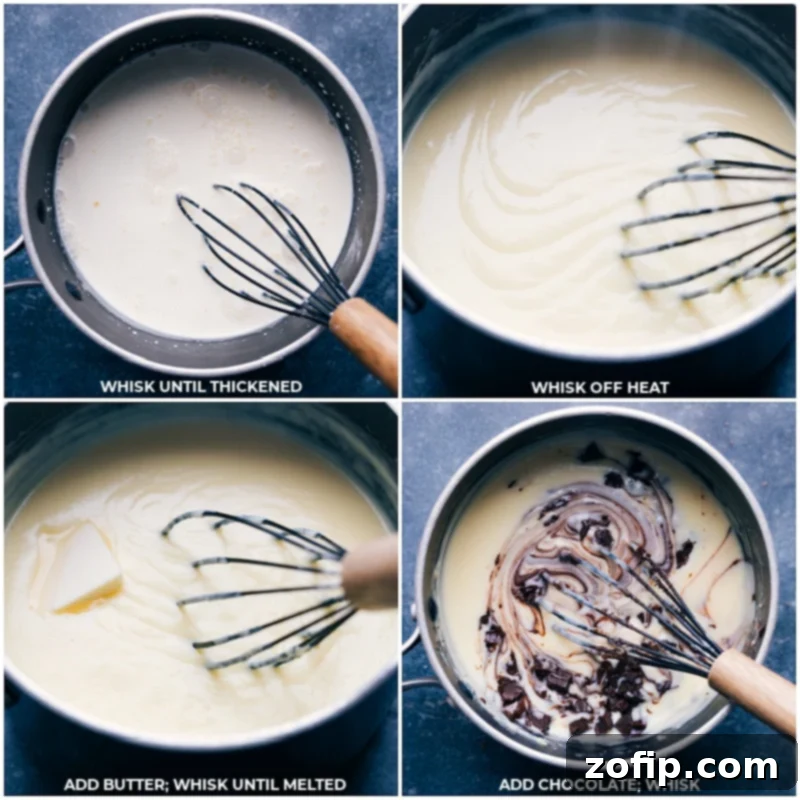 Melted butter and chopped chocolate being whisked into a creamy, warm pudding mixture in a pot, creating the rich filling for Chocolate Cream Pie.