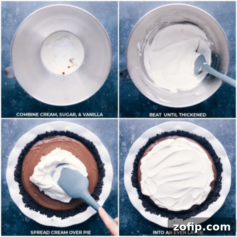 Freshly made whipped cream is being gently spread onto the chilled Chocolate Cream Pie, ready for its final garnishes.