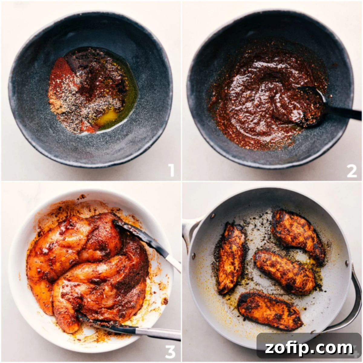 A step-by-step visual guide on how to prepare blackened chicken: first, combining the spice blend, vinegar, and oil in a bowl, followed by thoroughly rubbing this mixture into the chicken pieces, and finally, cooking the chicken in a pot until a delicious blackened crust forms.