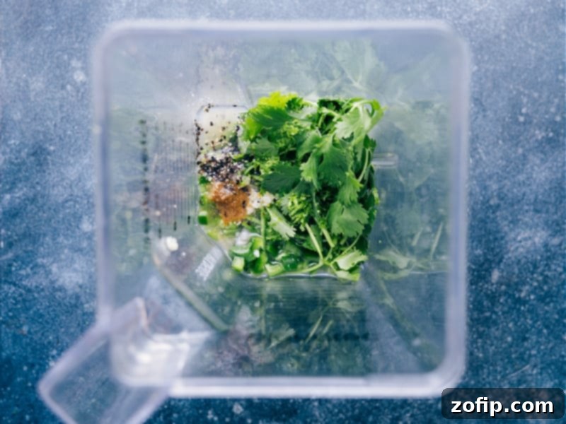 This bright and vibrant Cilantro Lime Dressing owes its flavor to fresh lime juice and citrusy cilantro. Plus it's easy to prepare -- simply throw everything into a blender and let it whirl! This naturally vegan, dairy-free, and gluten-free Cilantro Lime Dressing checks all the nutrition boxes. Recipe via ChelseasMessyApron.com #cilantrolime #cilantro #lime #citrusy #glutenfree #vegan #dairyfree #salads Overhead view of fresh cilantro, limes, garlic, jalapeño, and other ingredients placed in a blender, ready for mixing to create the homemade cilantro lime dressing.