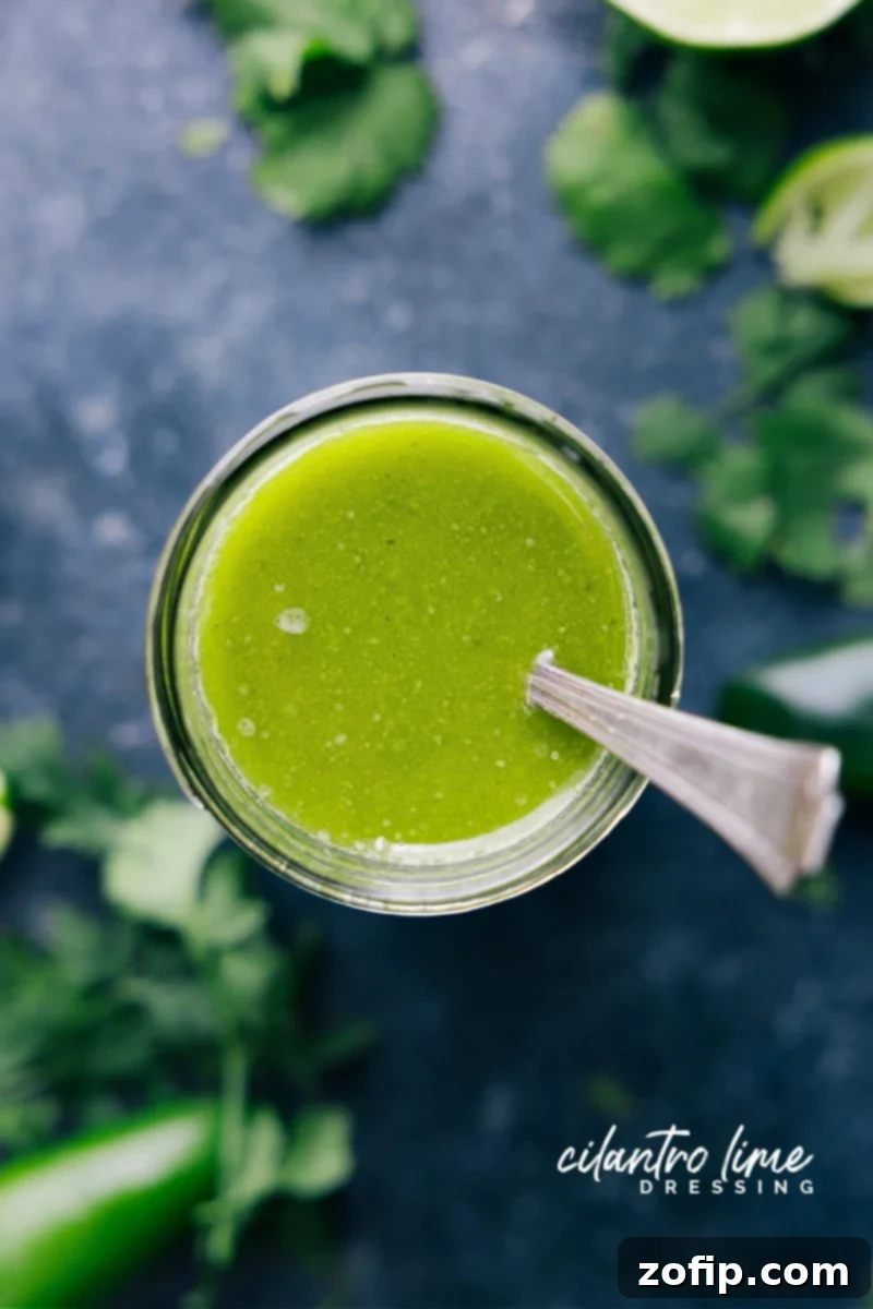 This bright and vibrant Cilantro Lime Dressing owes its flavor to fresh lime juice and citrusy cilantro. Plus it's easy to prepare -- simply throw everything into a blender and let it whirl! This naturally vegan, dairy-free, and gluten-free Cilantro Lime Dressing checks all the nutrition boxes. Recipe via ChelseasMessyApron.com #cilantrolime #cilantro #lime #citrusy #glutenfree #vegan #dairyfree #salads Overhead view of a glass mason jar filled with vibrant green Cilantro Lime Dressing, sealed with a lid and ready for refrigerator storage.