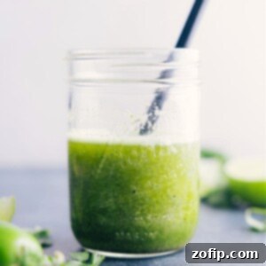 Bright Cilantro Lime Dressing 2 Final image of the Cilantro Lime Dressing in a jar, showcasing its vibrant green color.