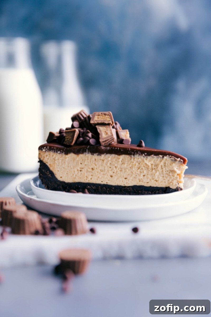 Delectable Slice of No-Bake Peanut Butter Cheesecake A perfectly sliced no-bake peanut butter cheesecake with an Oreo crust, creamy filling, and chocolate ganache, ready to be enjoyed.