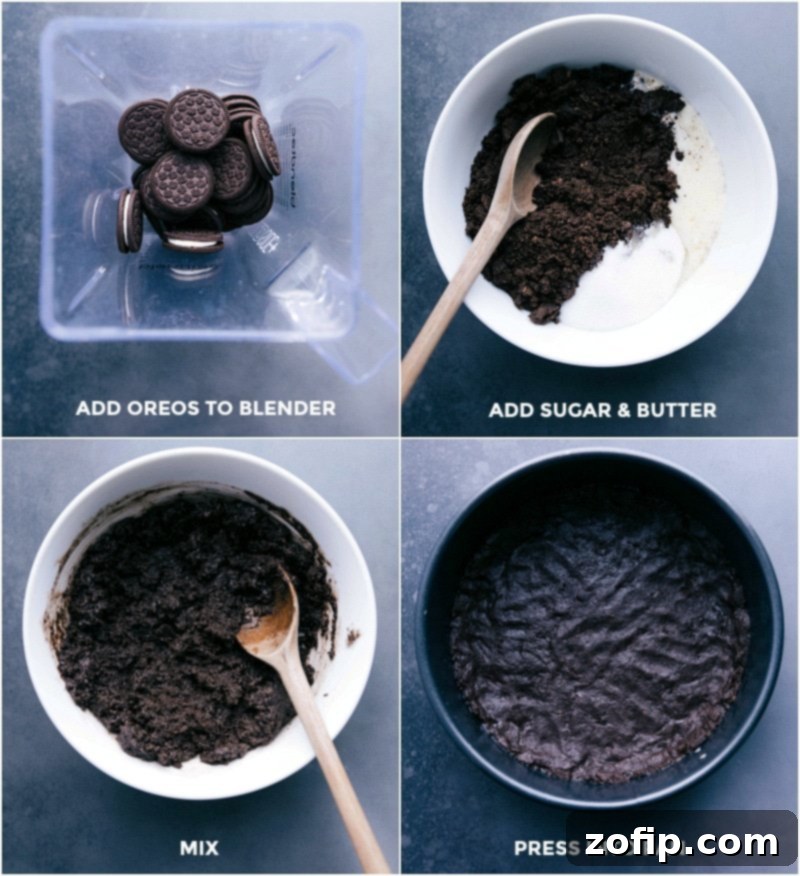 Preparing a Delicious Oreo Crust: Blending Oreos and Mixing with Additional Ingredients A close-up view of hands preparing a delicious Oreo crust by blending the cookies and mixing them with melted butter and sugar.