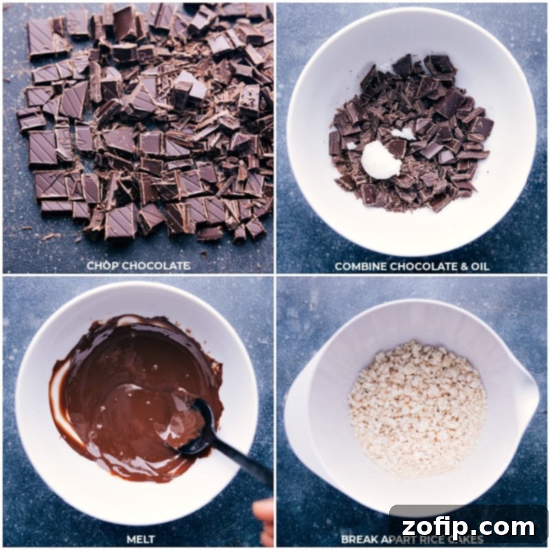Process shots: chop dark chocolate, combine with coconut oil; melt in microwave; break up plain rice cakes