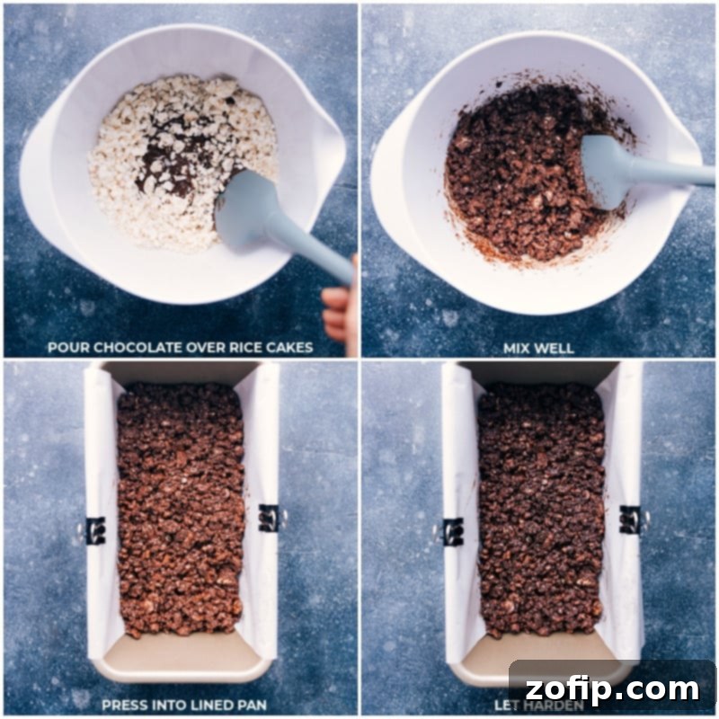 Process shots: pour melted chocolate over crumbled rice cakes; mix well; press into a parchment-lined pan; let harden.