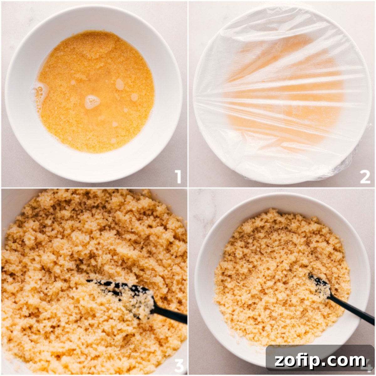 Preparing bulgur for tabouli: fine bulgur soaking in hot water, then fluffed with a fork to perfect texture.