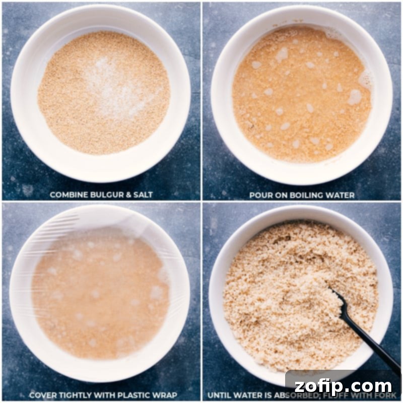 Step-by-step process of easily cooking bulgur wheat: combining bulgur with salt, pouring boiling water over it, covering tightly with plastic wrap, and then fluffing with a fork once the water has been fully absorbed.