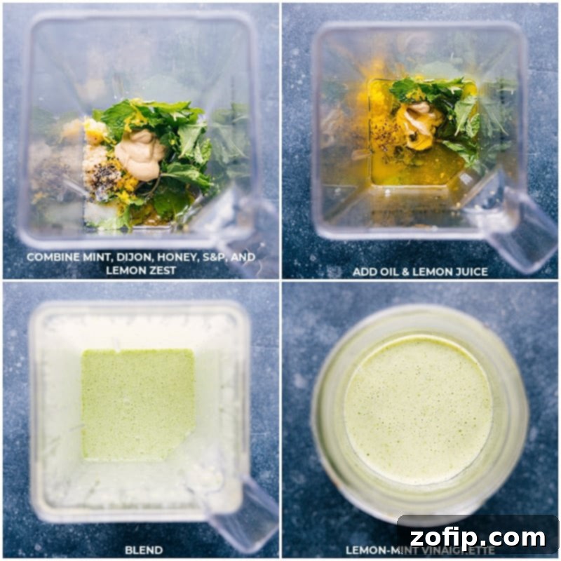 Process shots of making the vibrant and fresh lemon-mint dressing: combining mint, Dijon mustard, honey, lemon zest, salt, pepper, olive oil, and lemon juice, then blending until a smooth, emulsified vinaigrette is formed.