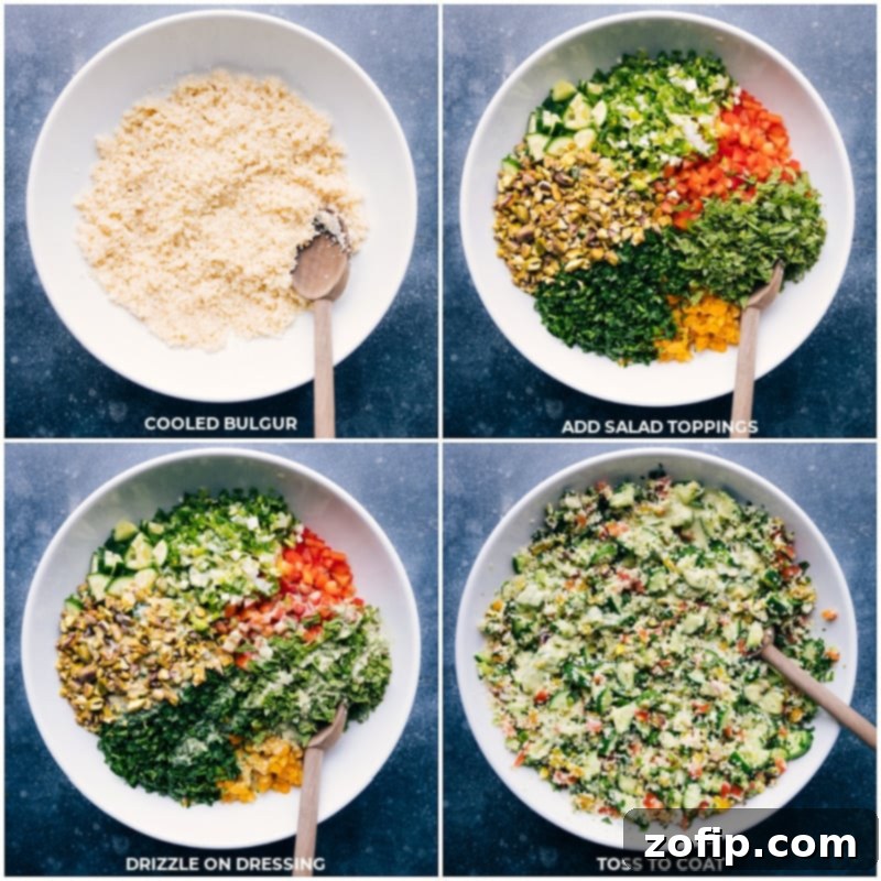 Process shots of assembling the Bulgur Salad: combining all the fresh toppings with the cooled bulgur, generously drizzling with the lemon-mint dressing, and gently tossing to ensure every ingredient is coated.