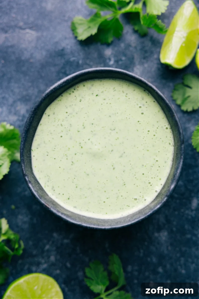 This Healthy Cilantro-Lime Dressing is thick, creamy, and ridiculously flavorful! It's hard to believe this sauce is naturally dairy-free, gluten-free, and vegan! Perfect for any meal, via chelseasmessyapron #salad #dip #best #easy #simple #healthy #cilantrolime #dressing Overhead image of the Healthy Cilantro-Lime Dressing, thick and creamy in a bowl with fresh cilantro and lime wedges nearby.