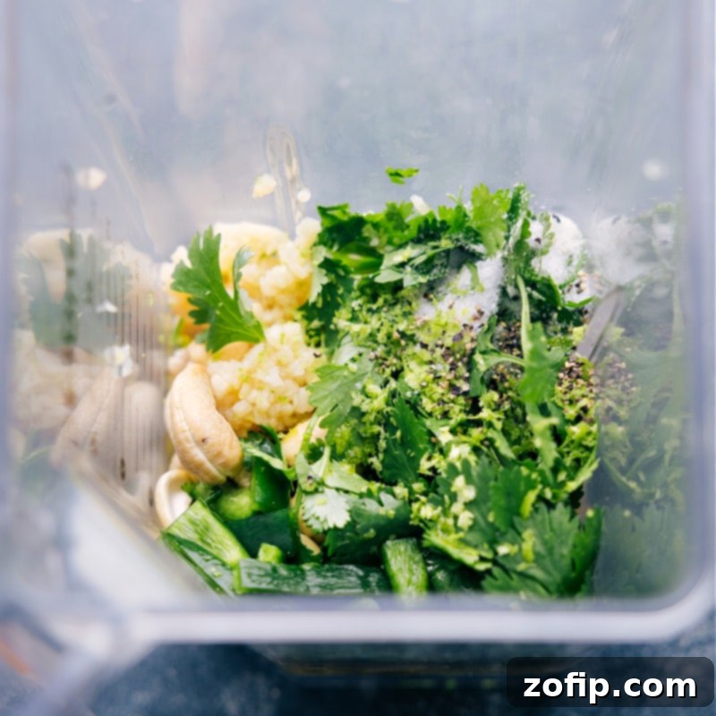 This Healthy Cilantro-Lime Dressing is thick, creamy, and ridiculously flavorful! All the fresh ingredients ready for blending. Recipe via chelseasmessyapron #salad #dip #best #easy #simple #healthy #cilantrolime #dressing Overhead image of all the fresh ingredients for cilantro lime sauce laid out around a blender, ready to be combined.