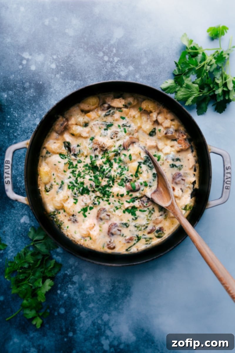 Creamy One-Skillet Chicken Gnocchi Pasta with Mushrooms and Spinach