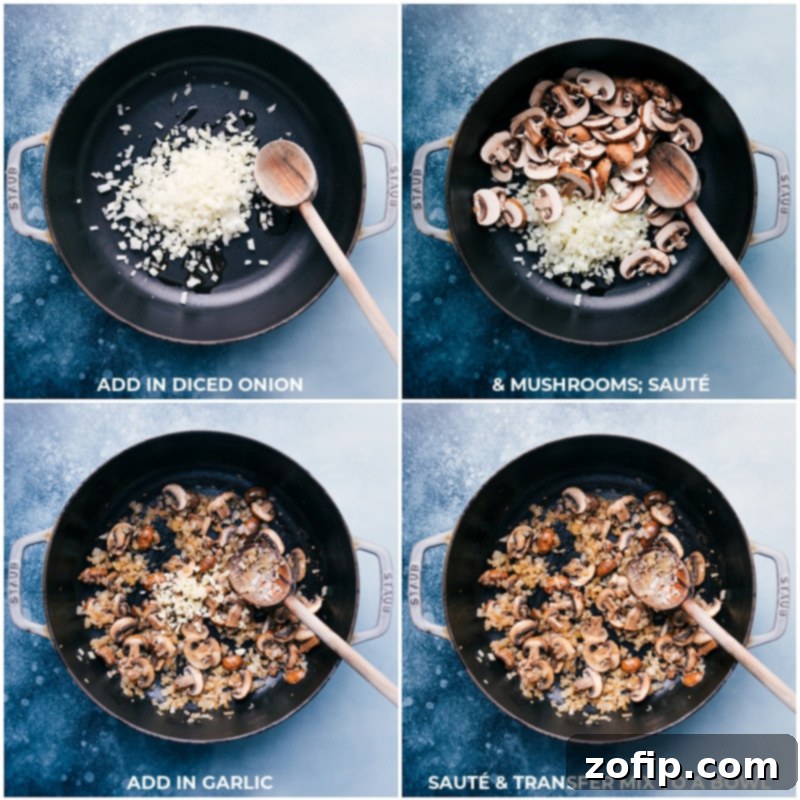 Process shots-- images of the onions, mushrooms, and garlics being sautéed for creamy chicken gnocchi pasta.