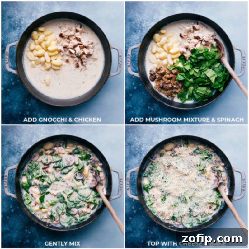 Process shots-- adding gnocchi and chicken to the mix for creamy chicken gnocchi pasta