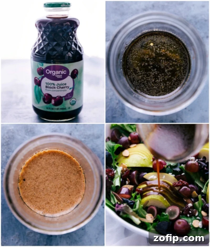 Creating Cherry Balsamic Salad Dressing: Ingredients and Final Presentation Making cherry balsamic vinaigrette salad dressing, and drizzling over the salad.