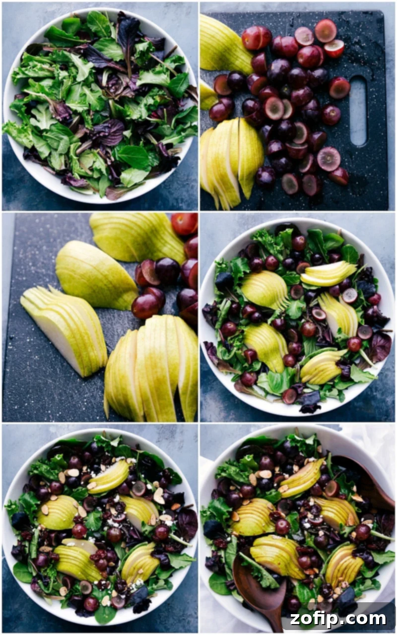 Creating a Fresh Fruit Green Salad: Chopping Grapes and Pears Chopping fresh grapes and pears and placing them over crisp greens.