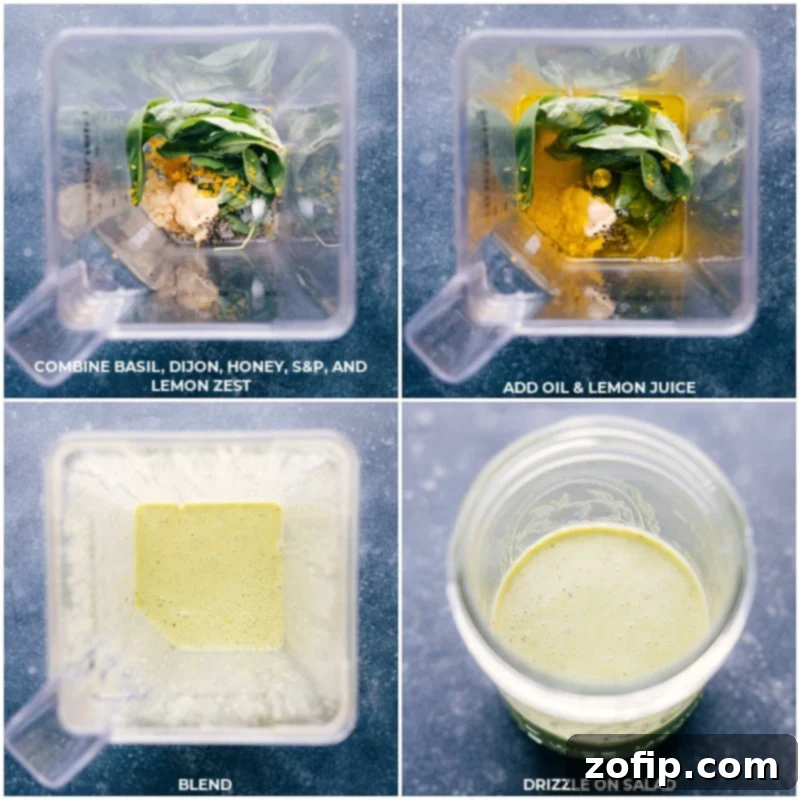 Crafting the perfect lemon-basil vinaigrette to complement the fresh flavors of the salad. Making the zesty lemon-basil vinaigrette dressing for the Blueberry Corn Salad, showing fresh basil, lemon, and olive oil