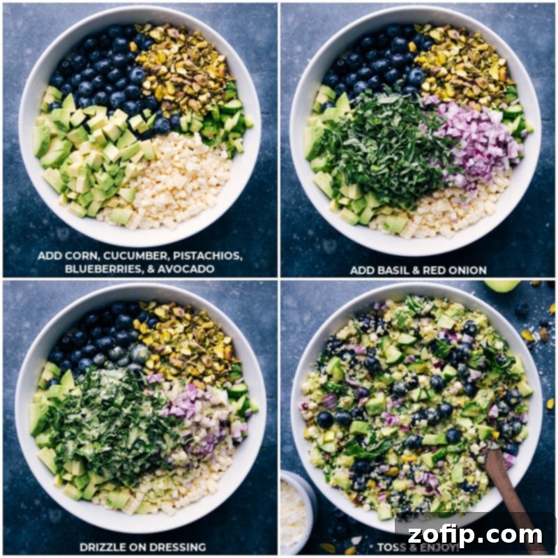 Assembling the perfect Blueberry Corn Salad: a mix of vibrant, fresh ingredients for a healthy and satisfying meal. Mixing fresh corn, blueberries, diced cucumbers, chopped pistachios, creamy avocado, aromatic basil, and red onion for the ultimate Blueberry Corn Salad