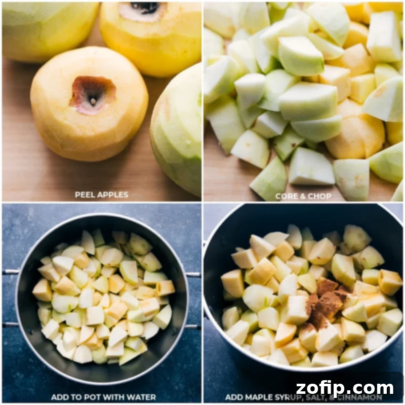 Step-by-step images showing peeled and chopped apples, apples cooking in a pot, and maple syrup, salt, and cinnamon being added to the pot.
