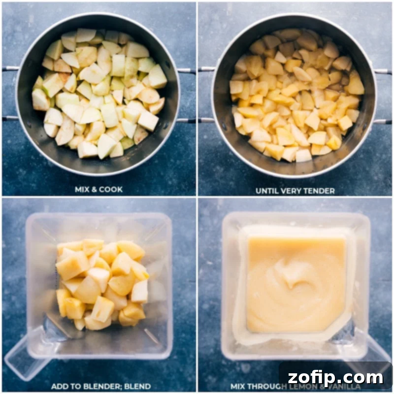 Process images showing apples cooking in a pot and then being transferred to a blender and blended until smooth.
