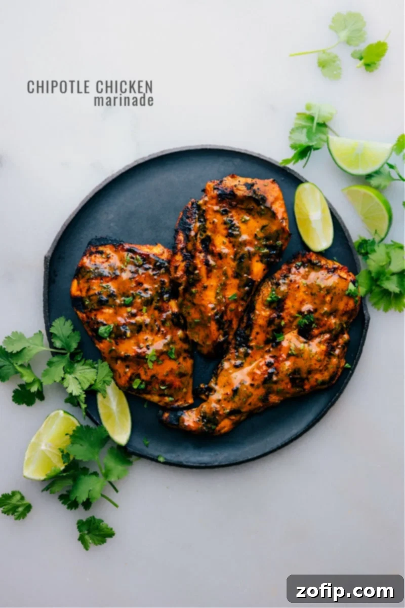 Experience the ultimate Chipotle Chicken Marinade: perfectly seasoned, juicy, and with just the right amount of spice. Ideal for grilling, weeknight dinners, and family-friendly meals. Get the recipe via chelseasmessyapron. Overhead shot of perfectly grilled Chipotle Chicken, showcasing its charred crust and vibrant spices.