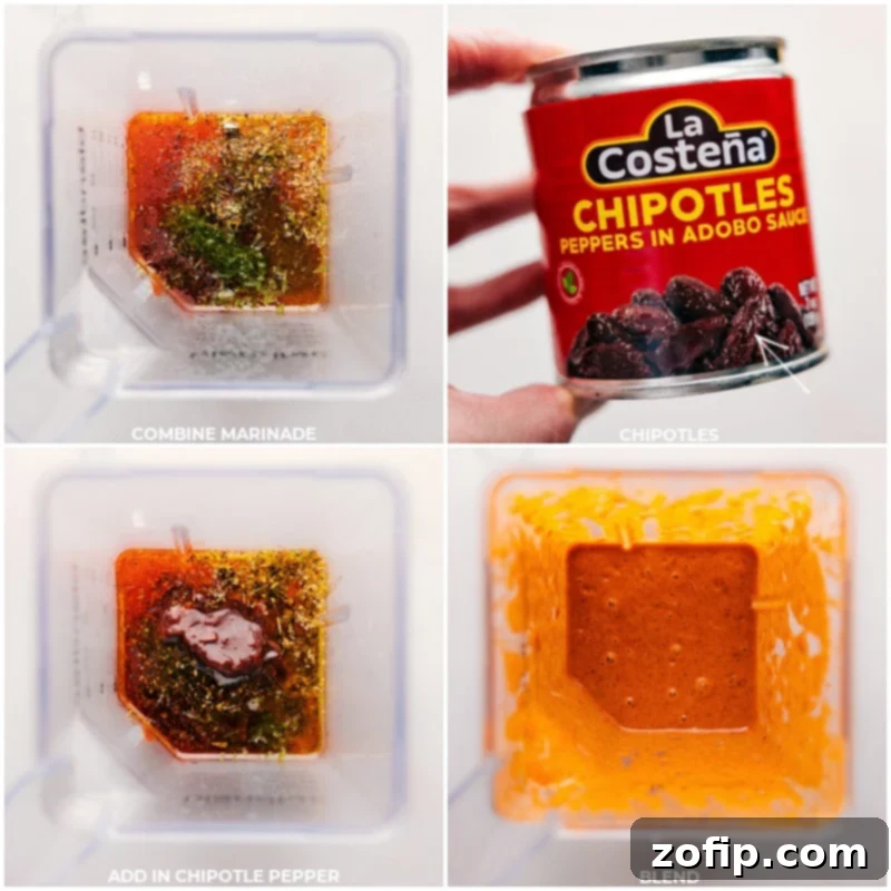 Visual guide to making the Chipotle Chicken Marinade: blending all ingredients for perfect seasoning and spice, resulting in gorgeously charred and juicy chicken. Recipe via chelseasmessyapron. Process shots of Chipotle Chicken Marinade showing all ingredients blending in a food processor, creating a smooth, rich marinade.