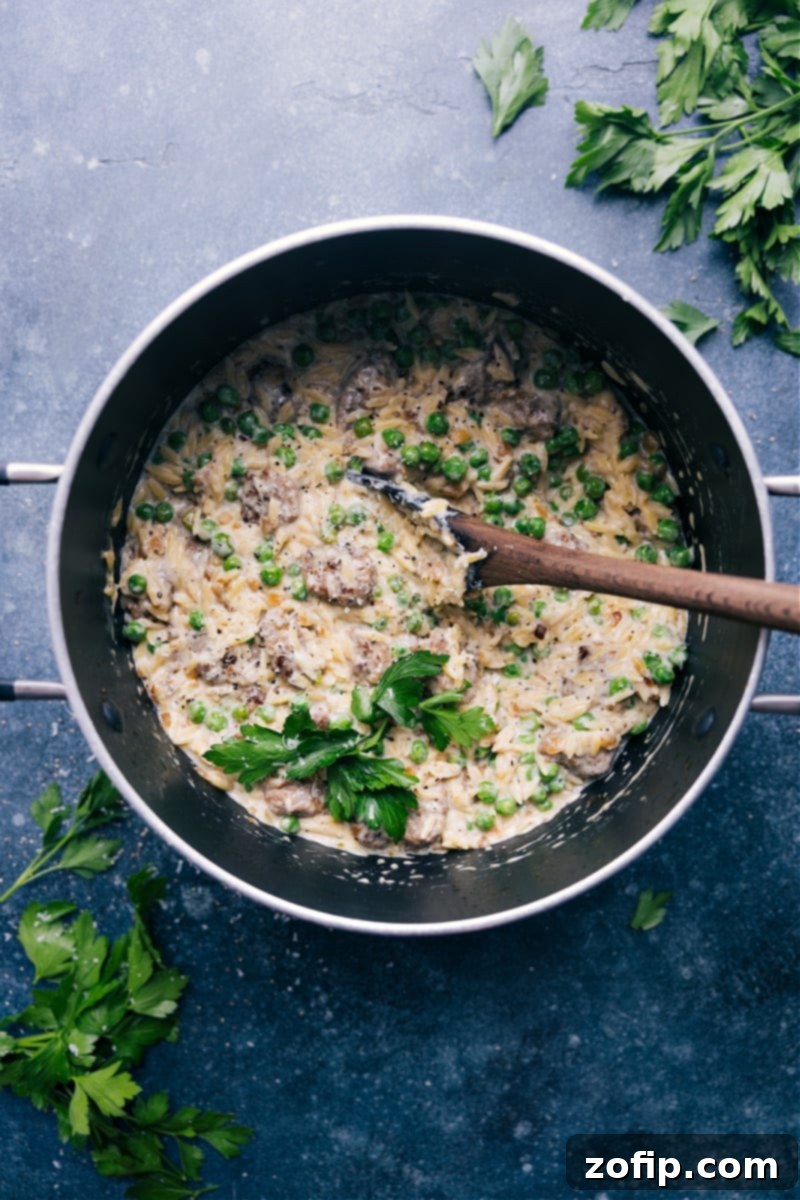 Overhead view of a generous serving of creamy Meatballs and Orzo in a bowl, garnished with fresh parsley. The orzo is rich and golden, mixed with savory sausage pieces and vibrant green peas.