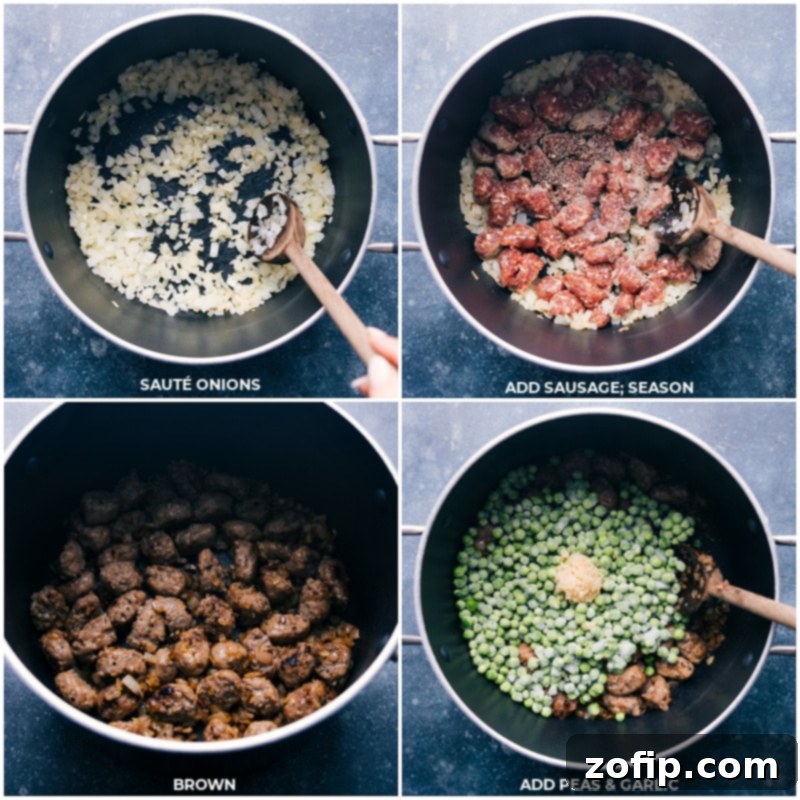 Step-by-step images showing finely diced yellow onion, Italian sausage coins, vibrant green peas, and minced garlic being sautéed in a large pot, illustrating the initial cooking phase for the dish.