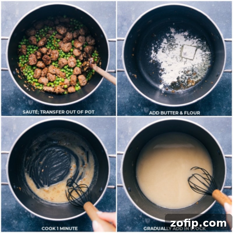 Process images showing butter melting in a pot, followed by flour being whisked in to create a roux, and then chicken stock gradually added to form a rich, smooth gravy base for the creamy orzo.
