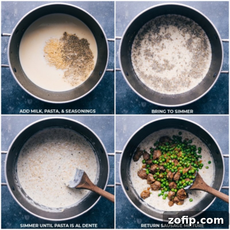 Process images showing milk, uncooked orzo pasta, Italian seasonings, and the cooked Italian sausage and pea mixture being added to the pot for the final cooking stage, combining all elements into a harmonious one-pot meal.