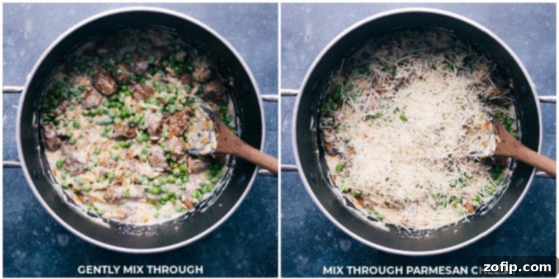 Close-up of the finished creamy Meatballs and Orzo dish, showcasing the rich, golden texture of the orzo, savory sausage pieces, and vibrant green peas, garnished with fresh herbs.