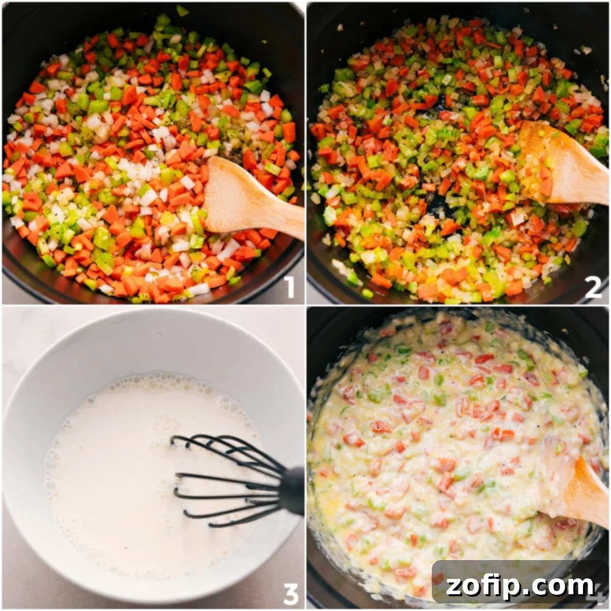 Veggies sautéing while the cream sauce is mixed in a separate pot, then added to the veggies for this simple 15-Bean Soup.
