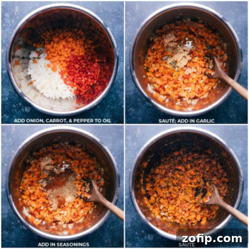 Process shots showing sautéing onion, carrot, and red pepper in oil, then adding garlic and seasonings, and continuing to sauté.
