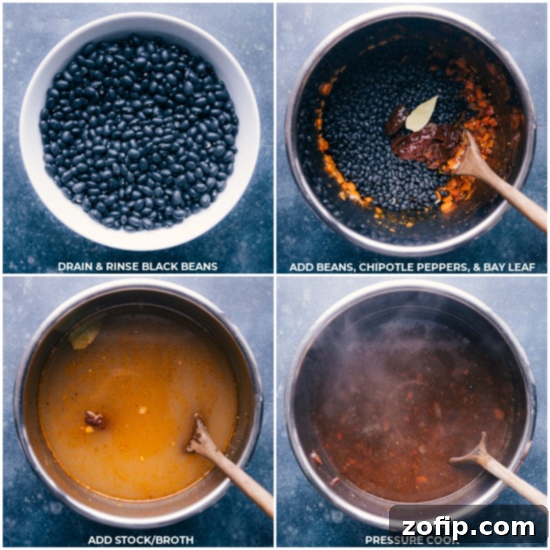 Process shots showing rinsed black beans, chipotle peppers, and a bay leaf being added to a large pot, followed by broth, ready for cooking.