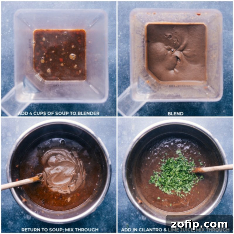 Process shots showing blending a portion of the soup to create a creamy texture, returning it to the pan, and stirring in cilantro and lime juice.