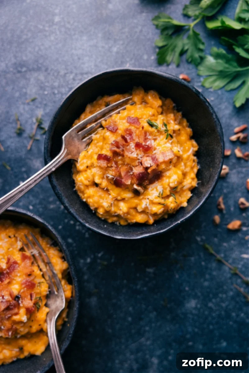 Overhead image of the sweet potato risotto garnished with fresh herbs