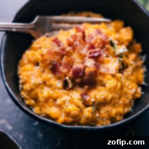 Sweet Potato Risotto garnished with bacon and fresh thyme