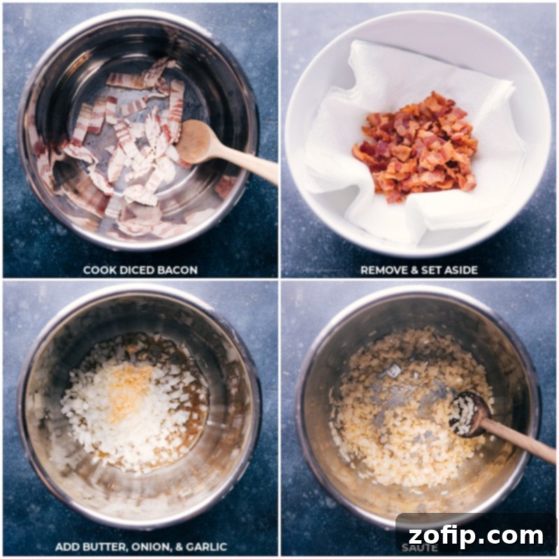 Process shots of bacon, onion, and garlic being sautéed in an Instant Pot