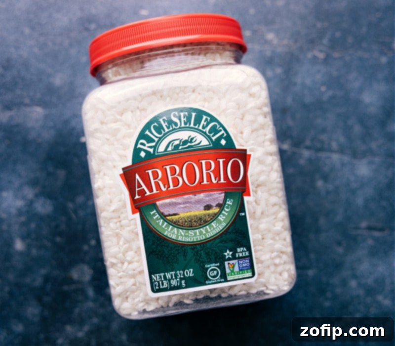 Overhead image of uncooked Arborio rice, essential for creamy risotto